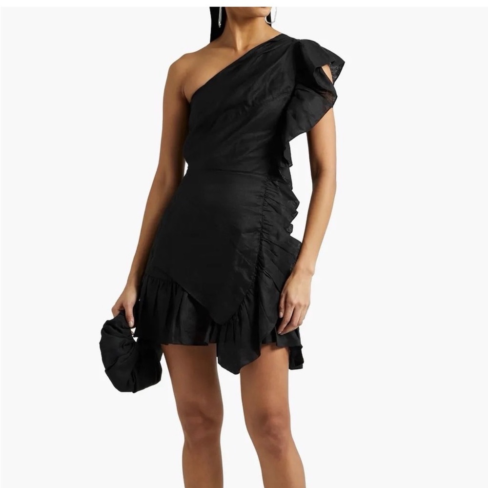 One-Shoulder Black Ruffled Mini Dress
